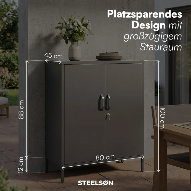 STEELSØN 'Menkent' Outdoor Metallkommode, Doppeltür mit Schloss, schwarz, 100x80x45 cm, mit 2 Einlegeböden, 3 höhenverstellbare Fächer – Bild 8