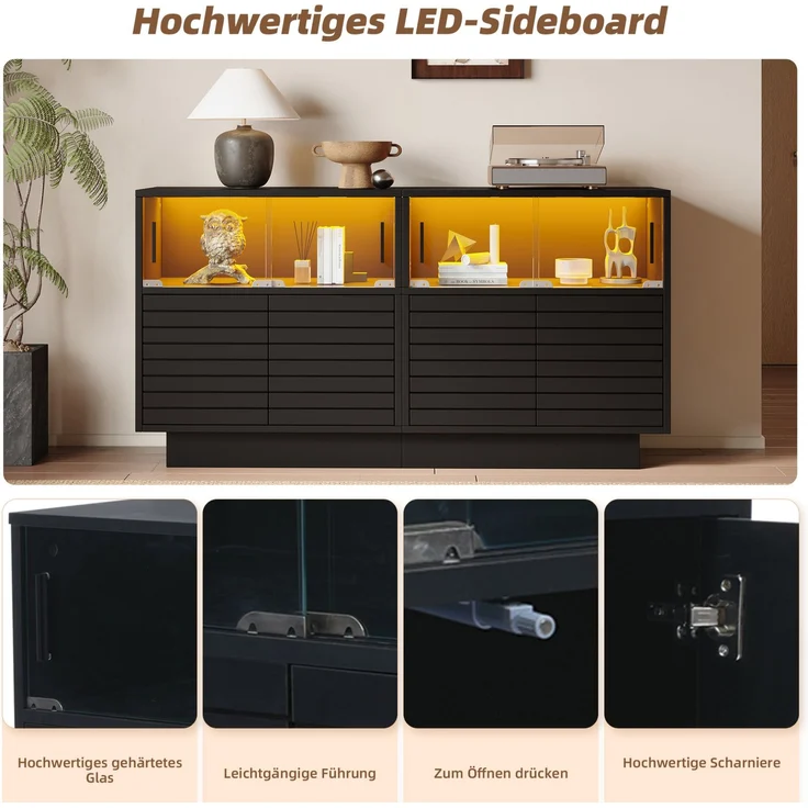 DESVIAE Sideboard mit LED-Beleuchtung und Glasschiebetüren 130x68x35 cm Spanplatte Schwarz – Bild 6