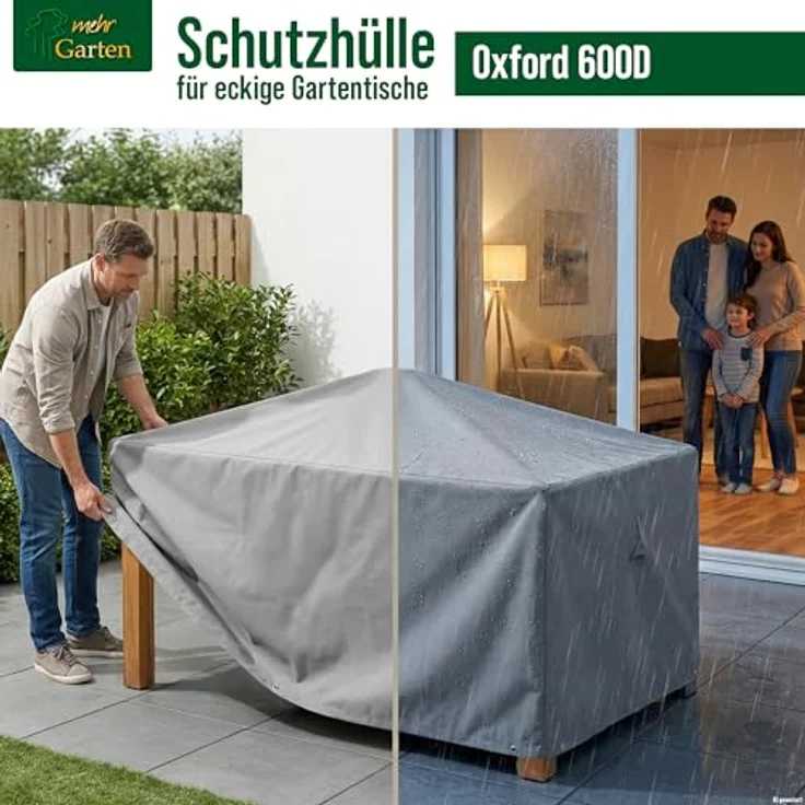 Mehr Garten Abdeckung Gartentisch eckig 305x125x71 cm, grau, Oxford 600D, wasserdicht, UV-beständig und wetterfest, Schutzhülle für Gartenmöbel – Bild 2