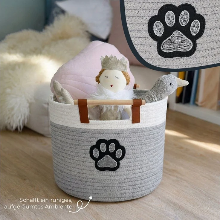 HMF Aufbewahrungskorb Aufbewahrungskorb mit Holzgriffen, runder Korb, Baumwolle für Kinderzimmer oder Babyzimmer, Hundepfote 30 x 30 x 24 cm – Bild 4