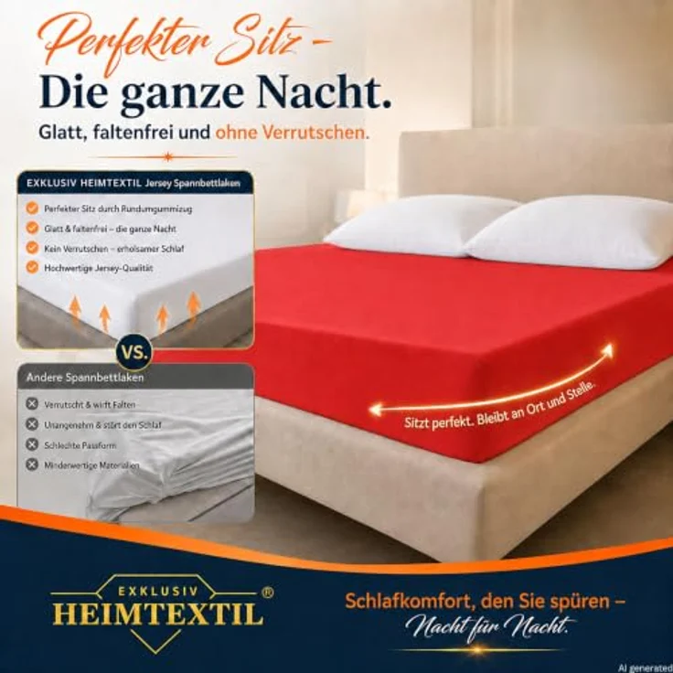 EXKLUSIV HEIMTEXTIL Jersey Spannbettlaken 140 x 200 cm Rot 100% Baumwolle Öko - Tex Zertifiziert Bed-Sheet Bettlaken Spannbetttuch – Bild 3