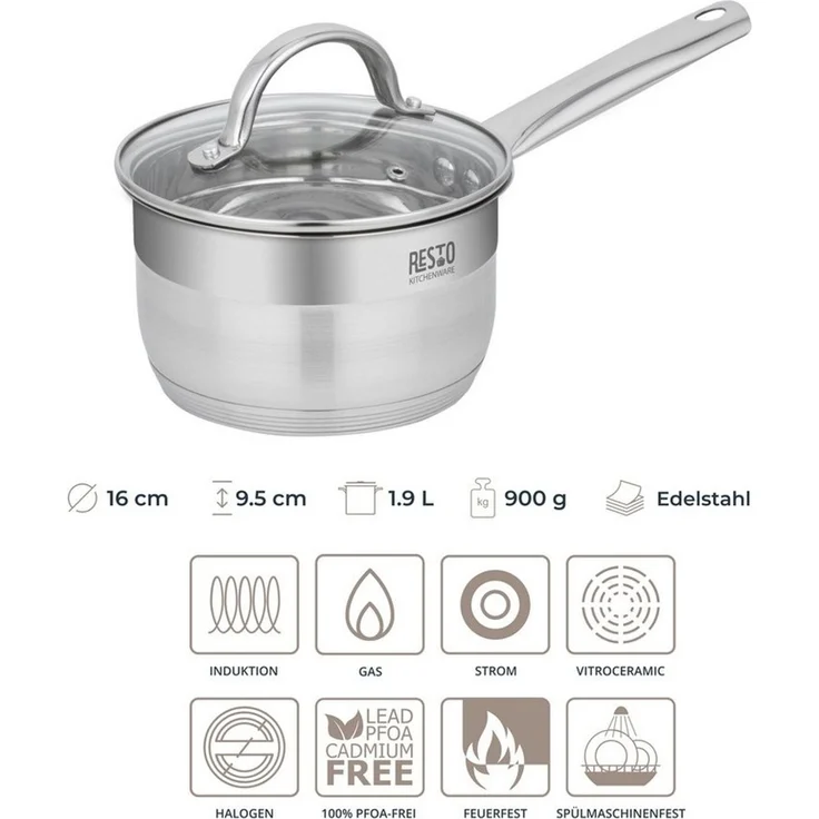 RESTO Kitchenware Kasserolle Rigel, Soßentopf 1,9 l, energiesparend und spülmaschinenfest, Edelstahl 18/10 (2-tlg), mit hitzebeständigem Glasdeckel, im Geschenkkarton – Bild 3