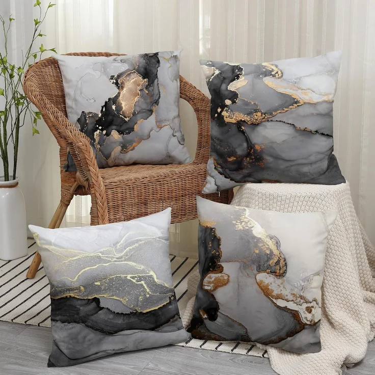 Velvet Kissenbezüge 45×45 cm 4er-Set Marmor Schwarz & Gold, Luxus Fluid Art, Couch – Bild 6