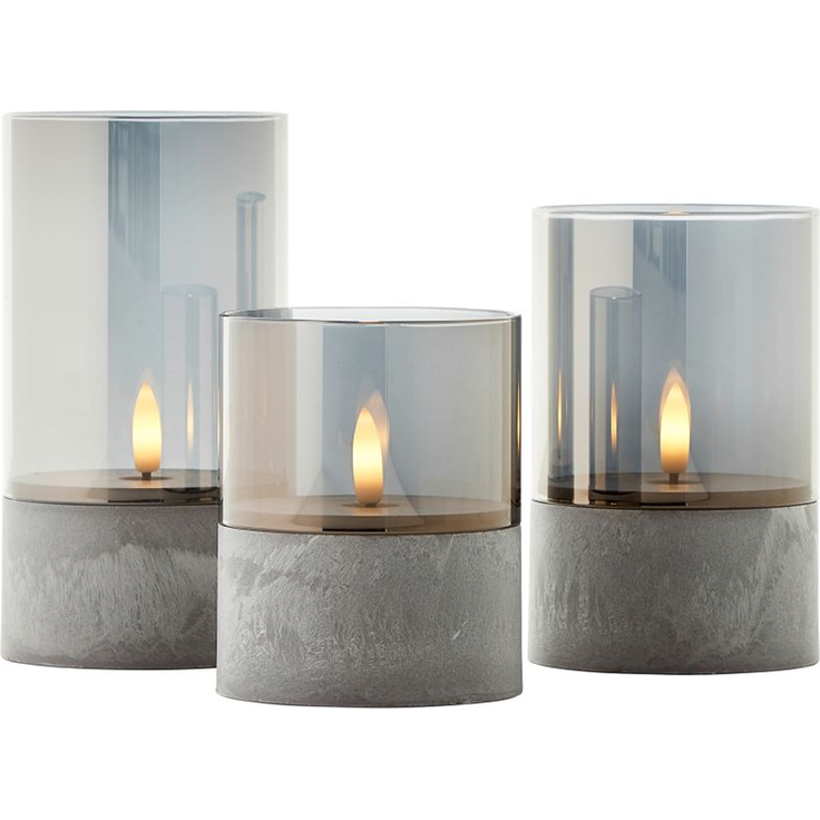 Brilliant Bougie LED-Kerzen 3er-Set - Grau/Rauchglast, warmweiß flackernd, 10 cm,12,5 cm,15 cm, batteriebetrieben, Dekoration für drinnen & draußen