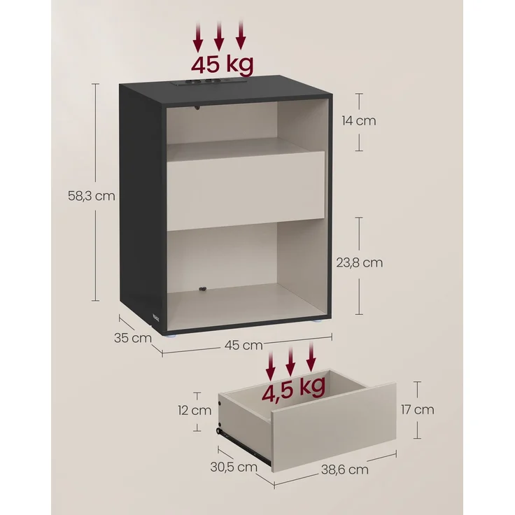 VASAGLE Superschnelle werkzeuglose Montage, Nachttisch, Beistelltisch mit Ladefunktion, Nachtschrank mit Schublade, Schlafzimmer, Toolless-Technologie, tintenschwarz-cappuccinobeige LETDE777B04 – Bild 5