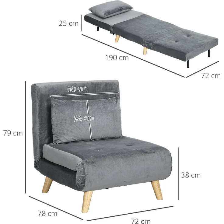 JARDJ 2-in-1 Sessel, Relaxsessel, Gästebett, 72 cm x 78 cm x 79 cm, Grau – Bild 5