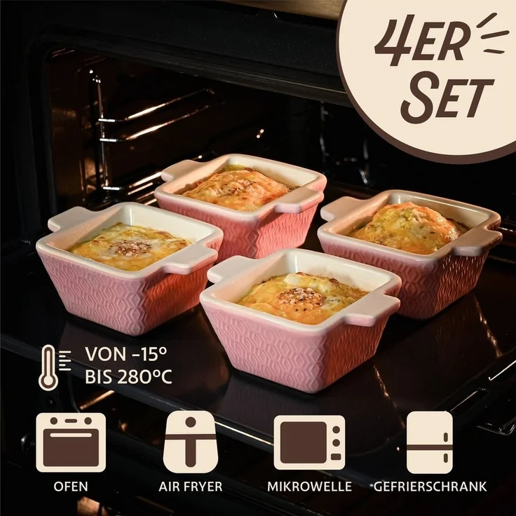 Praknu Auflaufform Mini Auflaufform Keramik 4er Set Stapelbar - Extra Hoch - Kratz und, Keramik, (4-St), Für Ofen & Airfryer geeignet - Backofenfest - Spülmaschinengeeignet – Bild 2