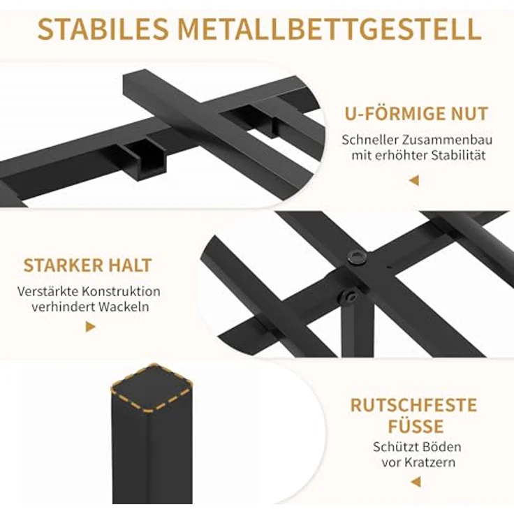 VECELO Bettgestell 90x200 cm Bettrahmen aus Metall mit Lattenrost, Einzelbett Metallbett mit Dick Holzkopfteil, Vintage Gästebett Jugendbett, Perfekt für Schlafzimmer, Braun – Bild 4