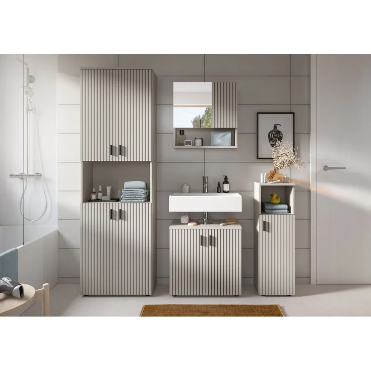 xonox. home – Badkombination Mone 180 x 192 x 30 cm in Kaschmir Nachbildung – 4-teiliges Set inkl. 2 Badschränken, Waschbeckenunterschrank & Spiegelschrank – Großzügiges Möbel-Set für perfekte Ordnung – Bild 6