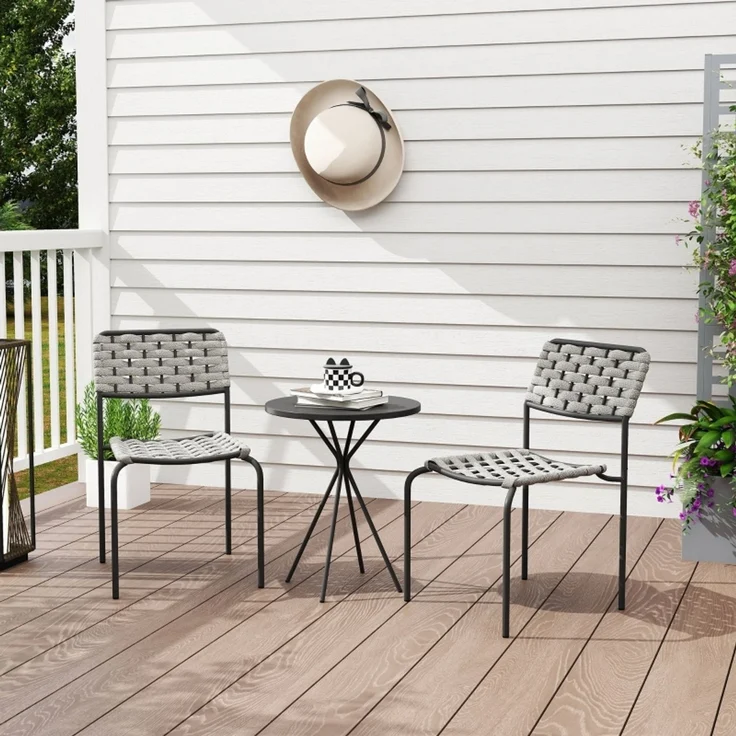 Polyrattan Gartenmöbel Set, Outdoor Lounge Balkonmöbel für 2 Personen, 3-teilig Sitzgruppe mit 2 Stapelbare Stühle, Tisch, wetterfest Gartenlounge für Garten, Terrasse Balkon, Grau--Grau--60x46x80cm--YOUDENOVA – Bild 7