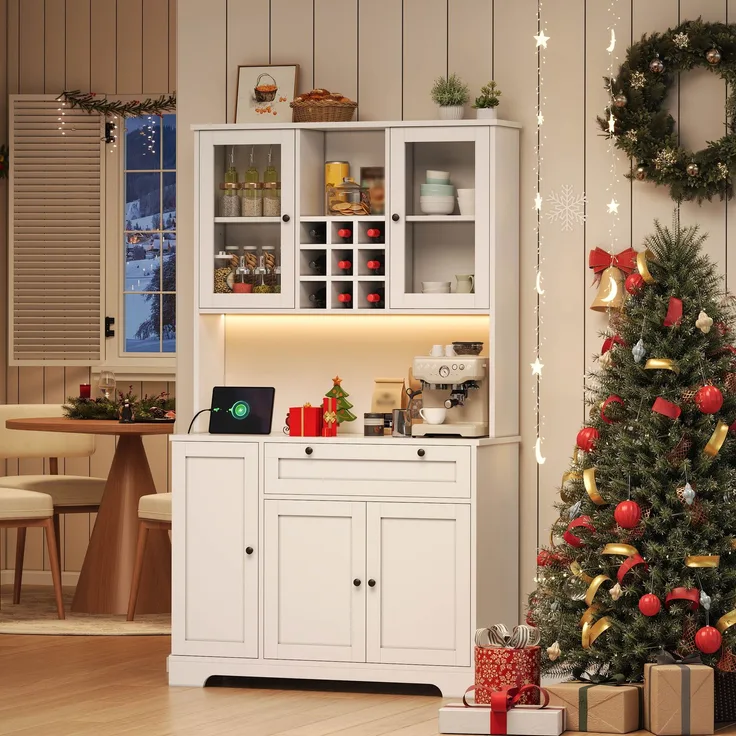 Küchenschrank, Hochschrank, Aufbewahrungsschrank, Vitrinenschrank mit Tür, integriertem Gewürzregal, verstellbaren Einlegeböden,mit farbwechselnder LED-Beleuchtung und Steckdose, 180 × 105 × 40 cm--Weiß--105x40x180cm--YOUDENOVA