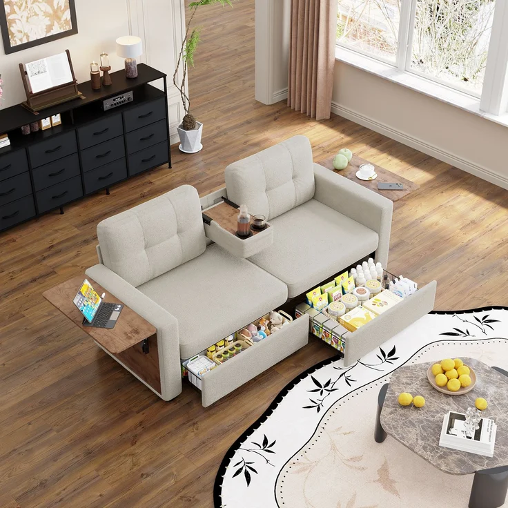 ZUBALIYA Schlafsofa 71x57.5 cm, mit Schreibtisch, mit Schubladen, mit Stauraum, mit Ablageflächen, mit Ausziehbett, Beige – Bild 11