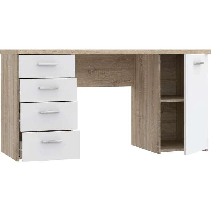 Schreibtisch >NET106< mit 4 Schubladen und Tür, in Sonoma Eiche Dekor / Weiß - 145x76,3x60cm (BxHxT) – Bild 5