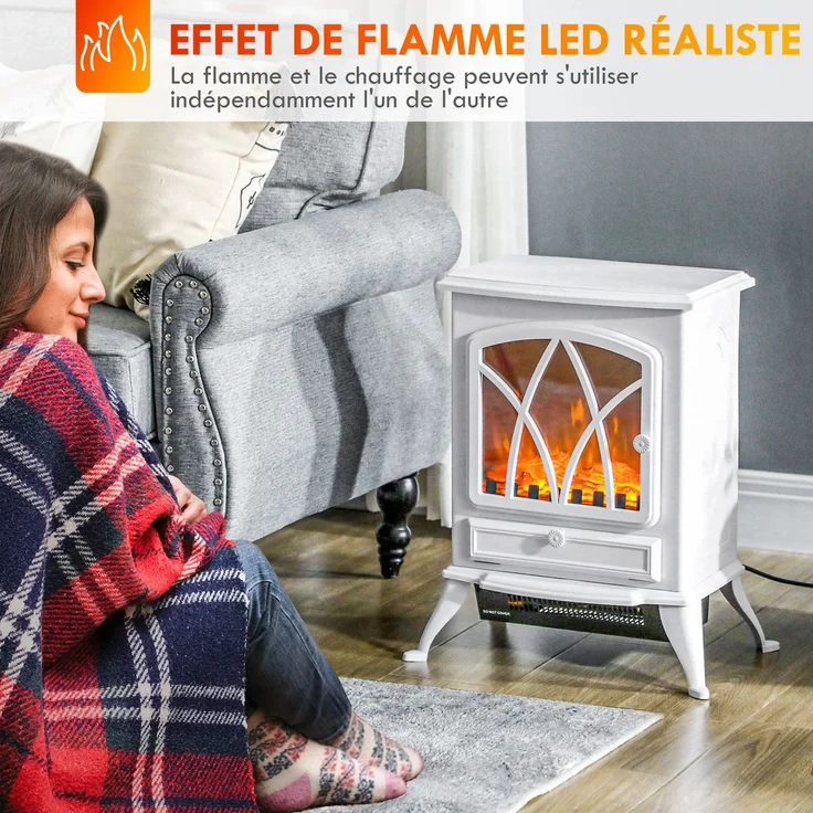 JARDJ Freistehender elektrischer Kamin 1000/2000 W, dekorativer Kamin mit LED-Flammeneffekt, weiß, 45*28,5*54cm – Bild 7