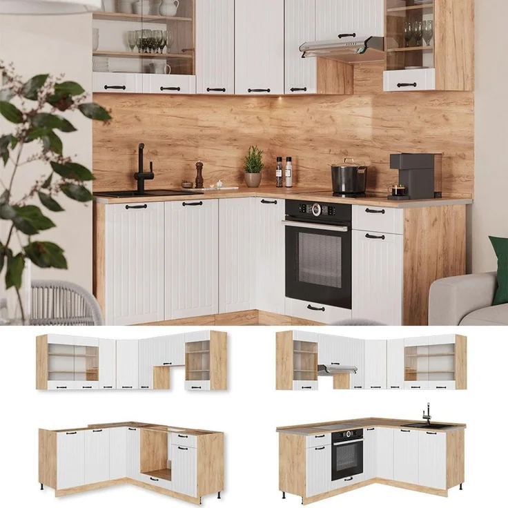 Eckküche Fame-Line Weiß Landhaus/Goldkraft Eiche 190 x 160 cm ohne Arbeitsplatte Vicco – Bild 4