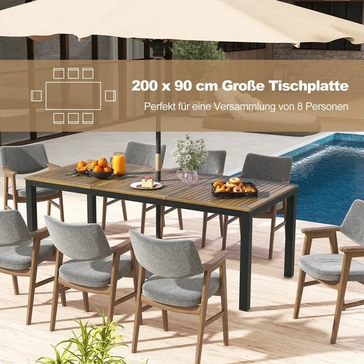 COSTWAY Gartentisch, Akazienholz Esstisch für 8 Personen, mit Schirmloch 200cm – Bild 2