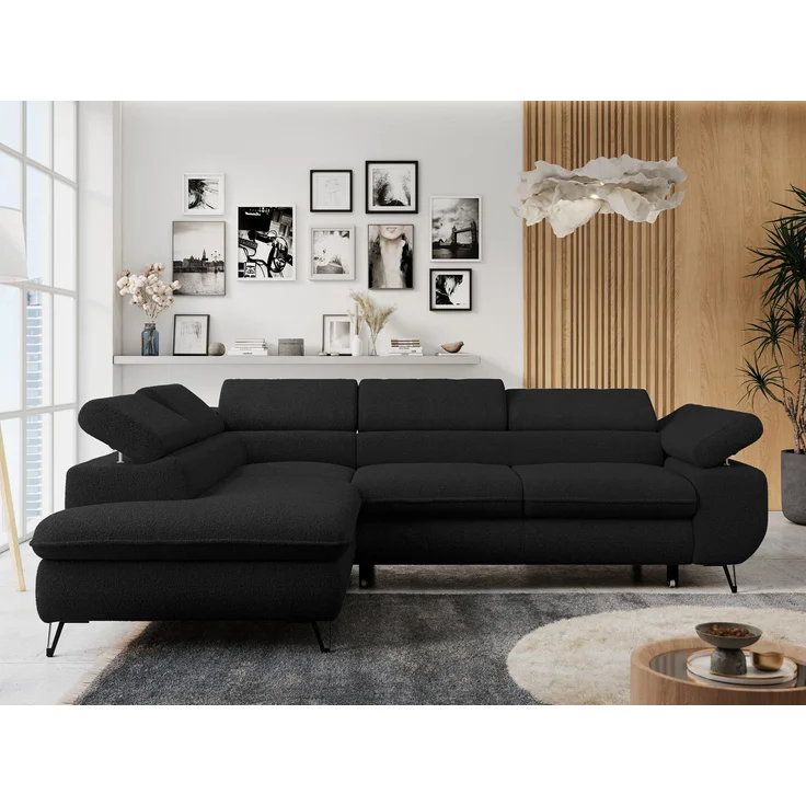 Mks Möbel 'Peter L-form' Ecksofa mit Bettfunktion, Bettkasten & einstellbaren Kopfstützen, Schwarz, Boucle, links – Bild 1