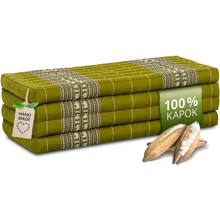 Nachhaltige Klappmatratze aus Kapok, breite Gästematratze vierteilig, Faltbare Matratze, ökologische Yogamatte, klappbares Gästebett, Liege für Garten und Balkon 200 x 110 x 8 cm (Grün/Elefanten)