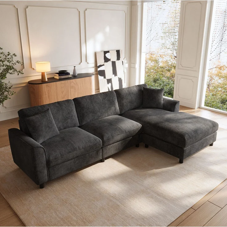 Ecksofa 256x137x79 cm in Grau mit umstellbarer Liegefläche und Chenillebezug – Bild 1