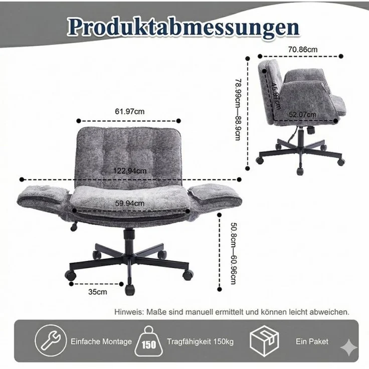 Leawin Drehstuhl Bürostuhl ergonomisch mit breitem Sitz & 5-fach Armlehnen, Schreibtischstuhl mit Chenille-Bezug, Rollen & 150 kg – Bild 4