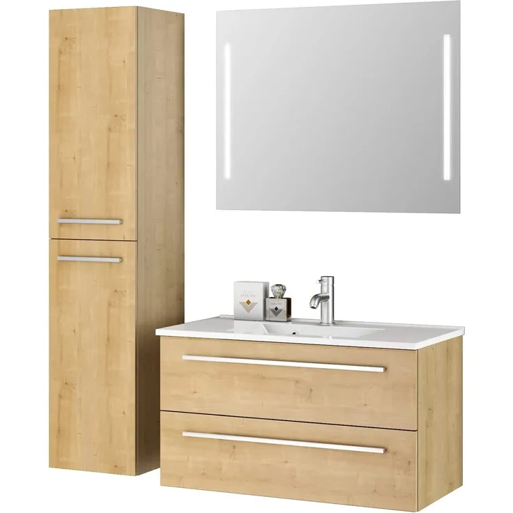 Sieper I Badmöbel Set Libato, Waschtisch mit Unterschrank 90x50 cm, Hochschrank und Badspiegel I Eiche Natur