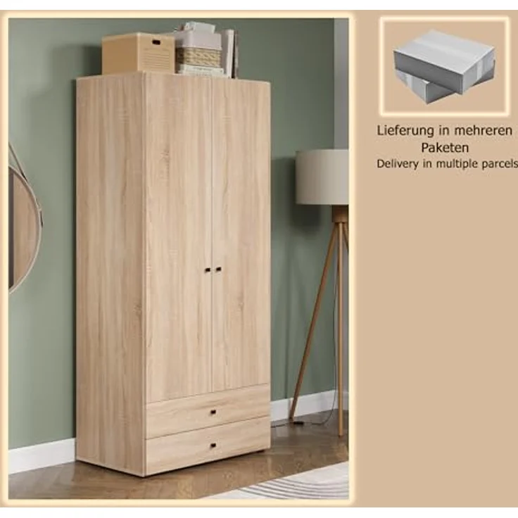trendteam smart living - Basics - Kleiderschrank - Eiche - Garderobenschrank mit 2 Türen, 1 Hutablage, 1 Kleiderstange und 2 Schubladen - (BxHxT) 81 x 176 x 51 cm - Moderner Stil – Bild 7