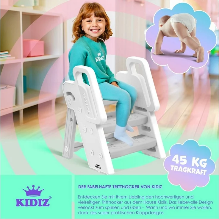 KIDIZ® Tritthocker für Kinder Trittleiter Klappbar mit 3 Stufen | Faltbarer Lern-Turm ab 18 Monaten bis 6 Jahren | Robust | Sicherer & Stabiler Trittschemel | Höhenverstellbar Rutschfest Weiß / Hellgrau – Bild 2