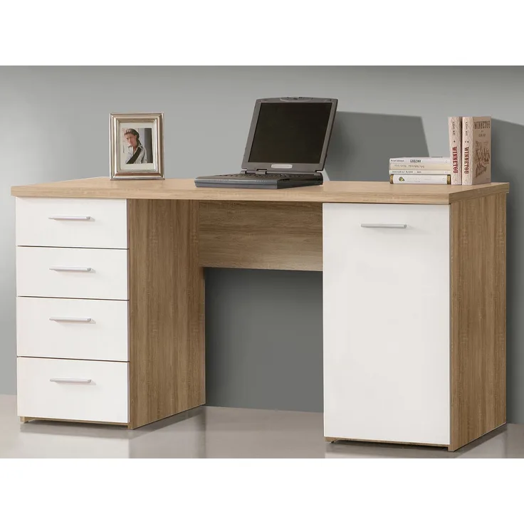 Schreibtisch >Balu< in Sonoma-Eiche Uni Weiß - 145x76,3x60cm (BxHxT)
