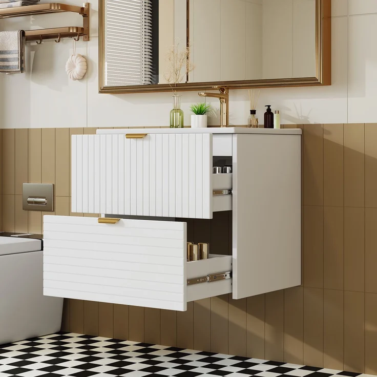 61*46*57cm Wandhängender Waschtisch, MDF volllackiert, zwei geräuschlose Schubladen, horizontal und vertikal strukturierte Schubladenfronten, integriertes Waschbecken, Weiß – Bild 3
