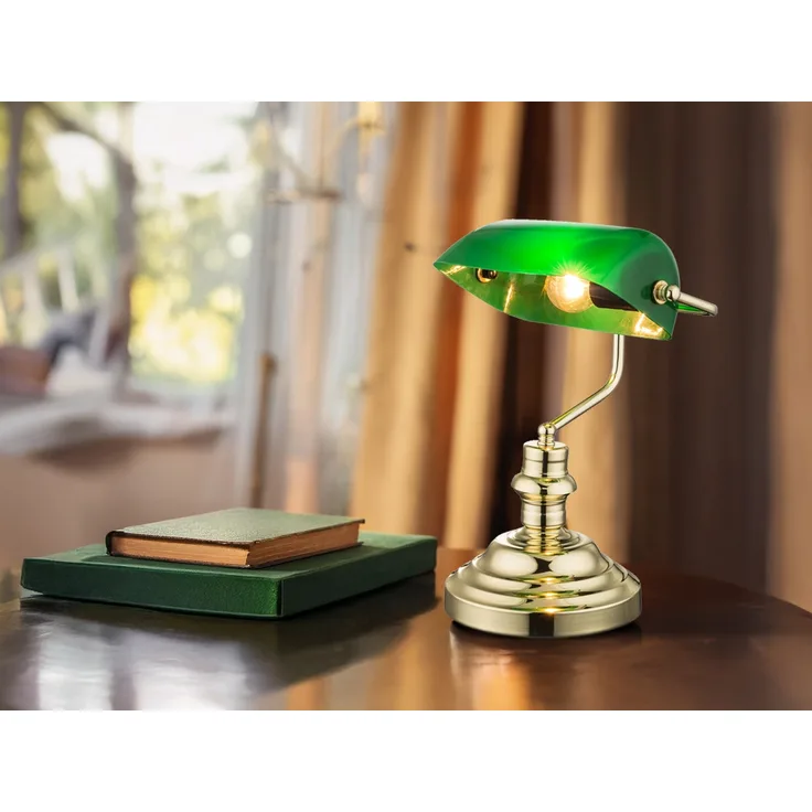 Retro LED Schreibtischleuchte Messing mit Acrylschirm Grün, Höhe 36cm
