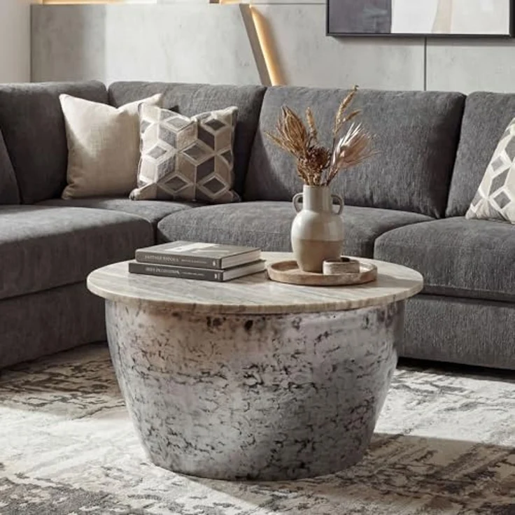 Couchtisch Metall mit weißer Marmor Tischplatte 60cm rund - Design Wohnzimmertisch Runder Loungetisch - Massiver Sofatisch - Extravaganter Beistelltisch Handmade – Bild 2
