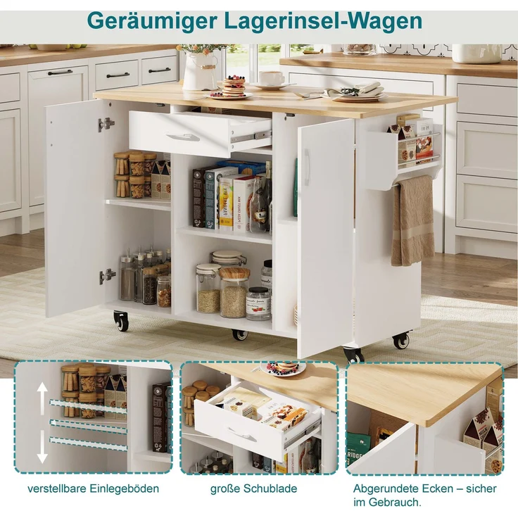 ZUBALIYA Küchenwagen 120 cm Arbeitsplatte – klappbare Arbeitsplatte, Schublade und 2 Schränke, 5 Rollen, 2 mit Bremse, Gewürzregal und Handtuchhalter, MDF, Weiß, Eichenoptik – Bild 4