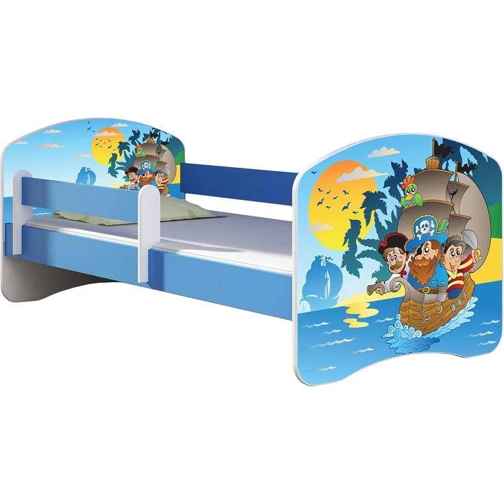 ACMA Kinderbett Jugendbett mit Einer Schublade und Matratze Blau mit Rausfallschutz Lattenrost II 140x70 160x80 180x80 (21 Piraten, 140x70) – Bild 1