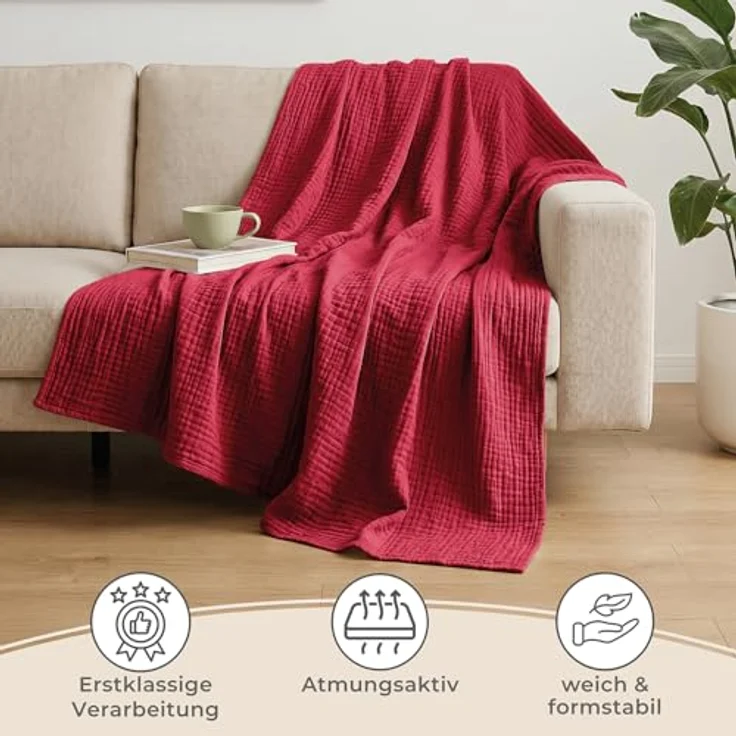 LAYNENBURG Premium Musselin Tagesdecke 180x220 cm - 100% Baumwolle - extraweiche Baumwolldecke als Kuscheldecke, Bett-Überwurf, Sofa-Überwurf, Couch-Überwurf - warme Sofa-Decke (Bordeaux) – Bild 6