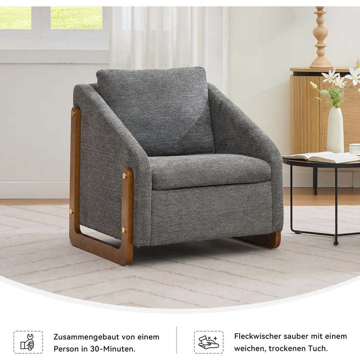 Chenille-Grau Loungesessel mit Holzarmlehnen, ergonomischem Design, kompakter Größe & hoher Belastbarkeit – Bild 8