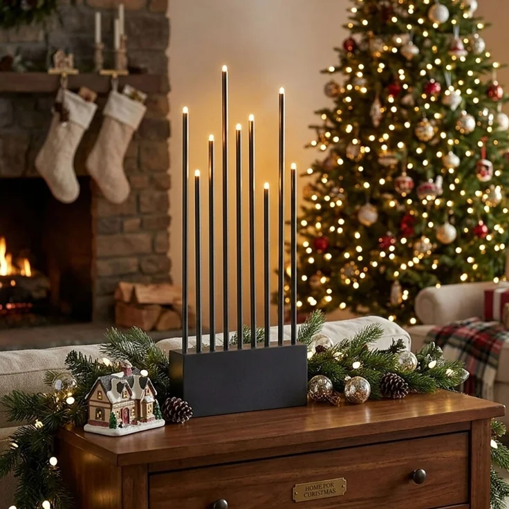 LED Kerzenständer, Holz, Stahl, Anthrazit, Weihnachten, H 60 cm – Bild 1