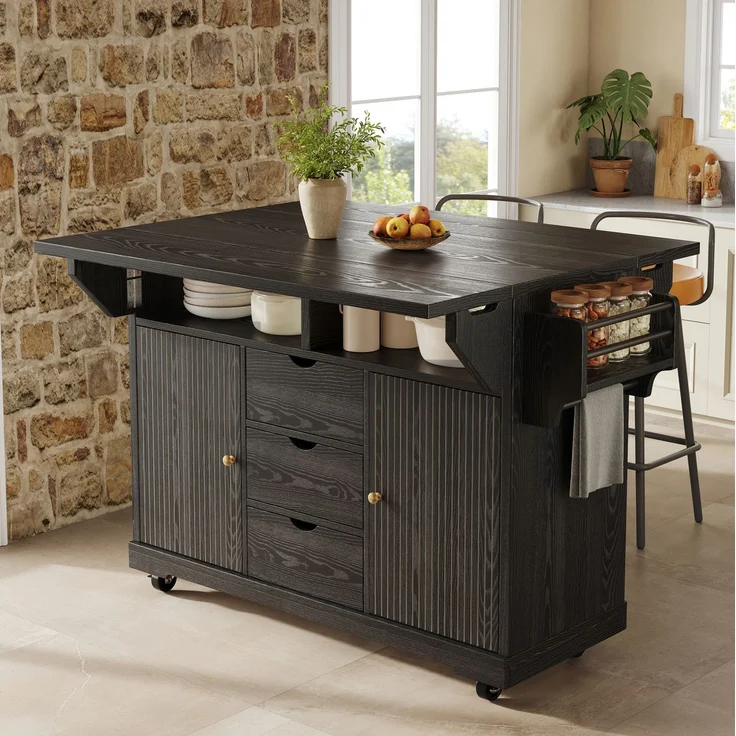 Küchenwagen MDF mit 3 Schubladen & Klappflächen, 142,5x80x95 cm, Schwarz – Bild 1