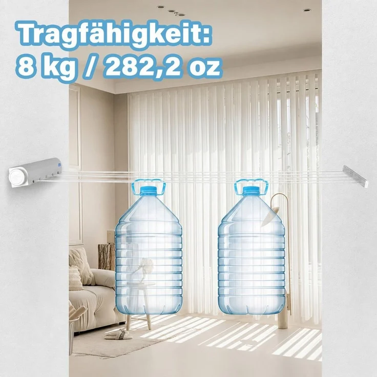 MOPUEA Wäscheständer Einziehbare Wäscheleine Wäscheständer 8 kg Tragfähigkeit, Platzsparend, 8kg Traglast, ausziehbar, einfache Wandmontage – Bild 4