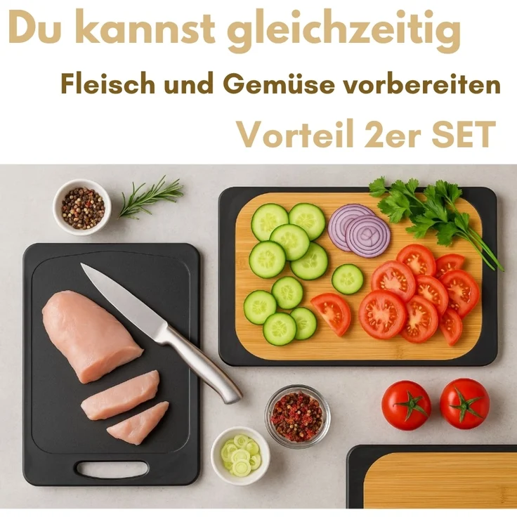 2er Set Schneidebrett Kunststoff und Bambus 2in1 Schneidbrett mit Anti-Rutsch Schneidebretter Küchenbrett Bambus Schneidebrett Schwarz Rutschfest mit Griffloch – Bild 3