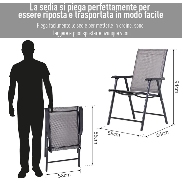Set mit 2 klappbaren Gartenstühlen mit Armlehnen, Essstühle für den Außenbereich aus Metall und Texteline, für Terrasse, Balkon, Außen- und Innenbereich, 58 x 64 x 94 cm, grau – Bild 6