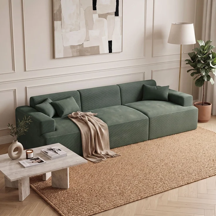 skølm 'Freki' Cloud Sofa 3 Sitzer, Vollschaumcouch mit Federkern und Vakuum-Kompression, kein Aufbau erforderlich, mit 3 Kissen, Cord dunkelgrün – Bild 6