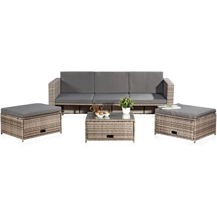 MELKO - Sitzgruppe Grau Polyrattan Lounge Sitzhocker Gartenset Essgruppe Sitzgarnitur - Melko