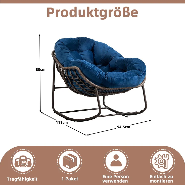 LVHOM Schaukelstuhl mit gepolstertem Kissen, Rattanstuhl mit Stahlrahmen, Lounge Sessel, Schaukelsessel, 2 St, für Balkon/Garten/Wohnzimmer/Schlafzimmer – Bild 3