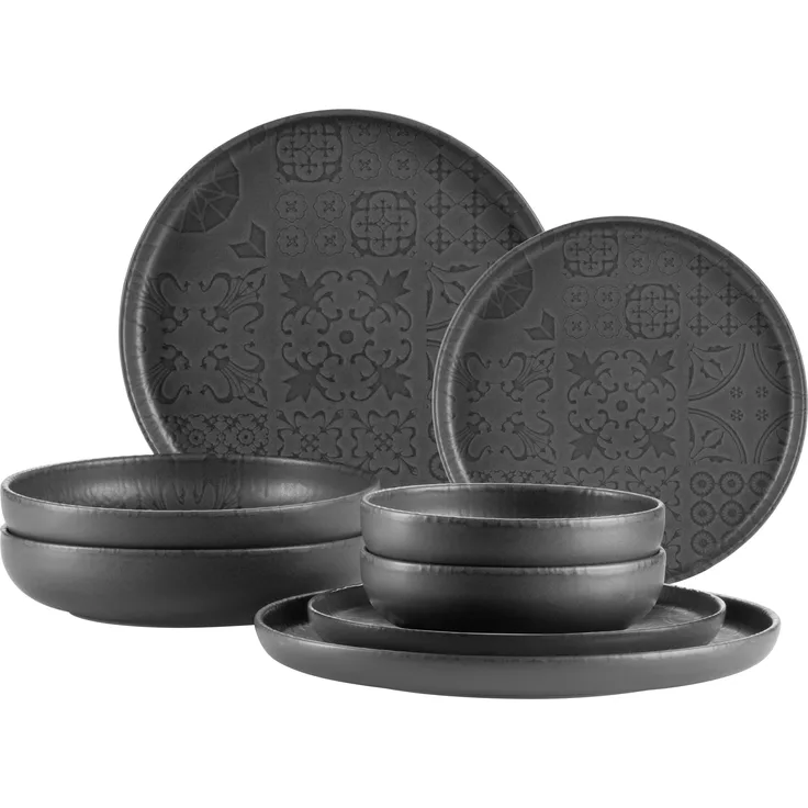 Modernes Vintage Geschirr Set für 2 Personen in maurischem Design mit Mattglasur, 8-teiliges Tafelservice mit Tellern und Schalen aus hochwertiger Keramik