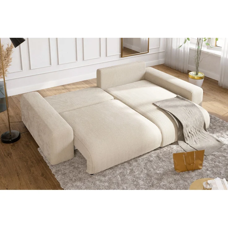Ecksofa Schlaffunktion ausziehbar Bettkasten Polsterecke L-Couch in Cord Beige – Bild 5