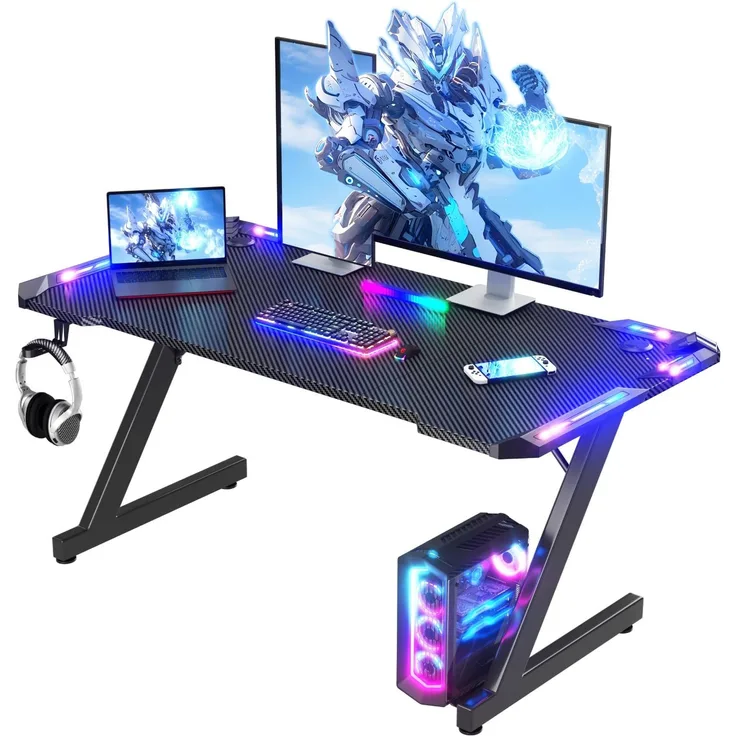 Homall Gaming Tisch mit LED-Leuchten, 120x60 cm RGB Gaming-Tisch Z-Form, großer Computer Schreibtisch mit Kopfhörer-Haken und Tassenhalter, Gamer Tisch für Home Office (Schwarz)