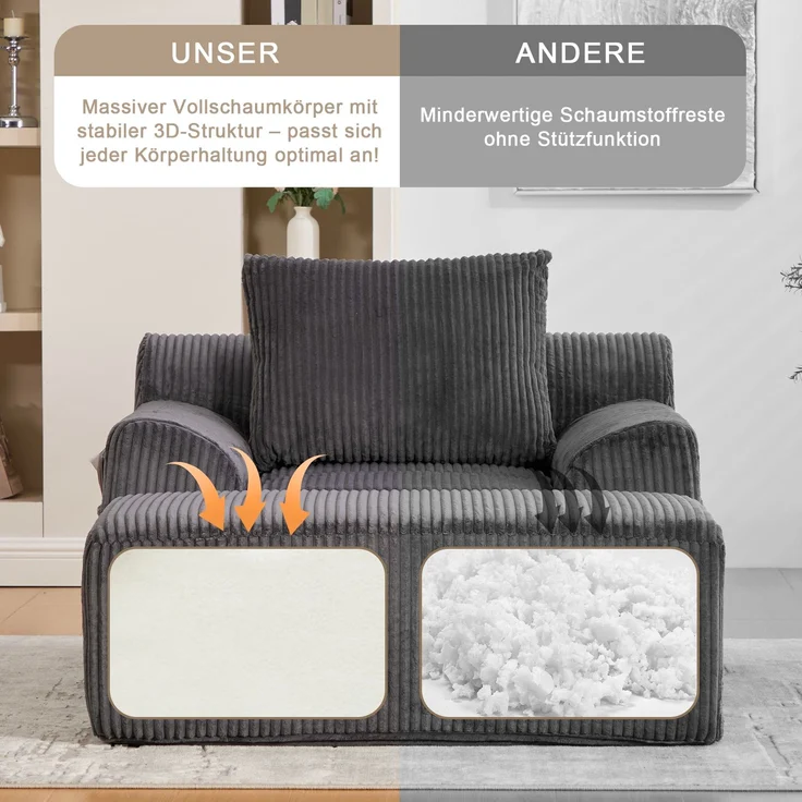 Sessel 147x110x67 cm Kordsamt Dunkelgrau mit Fußpedal und Seitentaschen, übergroßer gepolsterter Lesesessel – Bild 9