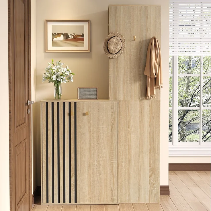 Kompaktgarderobe aus MDF mit Schuhschrank und Kleiderstange, 115x38,5x191,5 cm, Natur – Bild 4