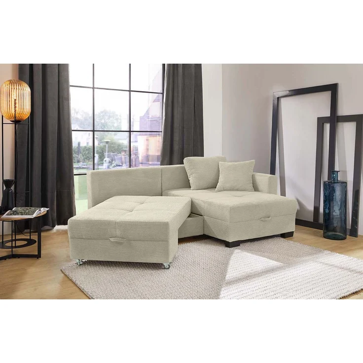 Ecksofa Schwenkfunktion Doppelbett Schlafcouch Bettkasten Cordbezug Beige Grau – Bild 3