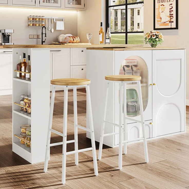 Bar-Set: Kücheninsel-Tisch mit Stauraum & 2 Barhockern, weiß, Holzoptik, mit Glas-Schranktüren & verstellbaren Regalen, belastbar bis 150kg pro Hocker--Weiß--138x39x105cm--YOUDENOVA – Bild 2